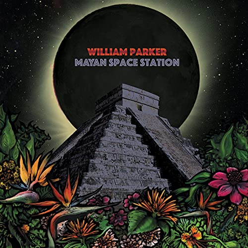 CD cover: Mayan pyramid with a dark planet and tropical flowers.