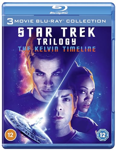 Blu-ray cover for Star Trek trilogy featuring Kirk, Spock, and Uhura.