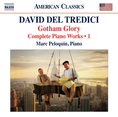 CD cover featuring two men on a piano suspended over the New York skyline.