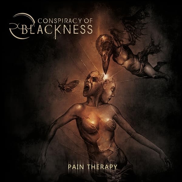 Dark album cover featuring distorted figures and a raven, titled "Pain Therapy".