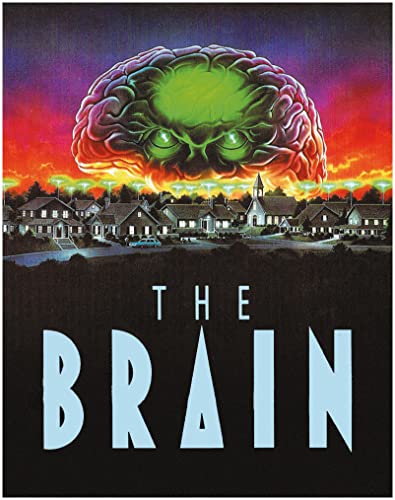 Movie poster for "The Brain" featuring a large brain over a town.