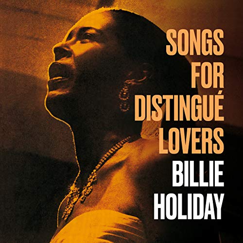 Billie Holiday album cover, profile view, warm orange and brown tones.