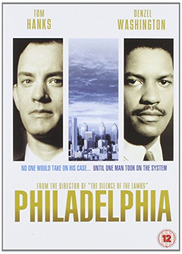 Philadelphia" DVD cover featuring Tom Hanks and Denzel Washington portraits.