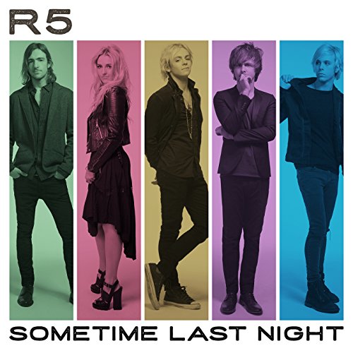 R5 band members posed in front of colored vertical panels.