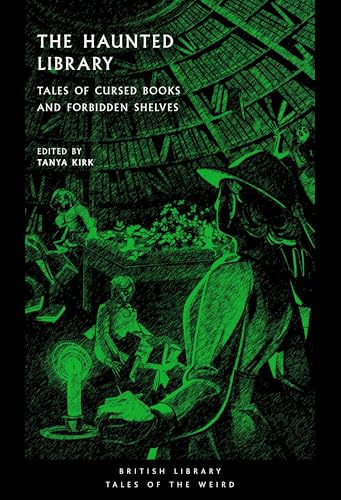 Paperback book with dark cover featuring eerie library or book-related illustrations and title.