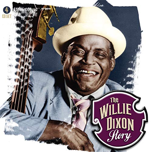 Willie Dixon, smiling with bass guitar, on CD cover art.
