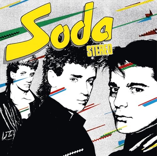 Black and white portrait of Soda Stereo band members with yellow logo.