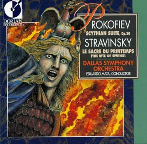 CD cover featuring artwork of a figure with flames, composers Prokofiev and Stravinsky.