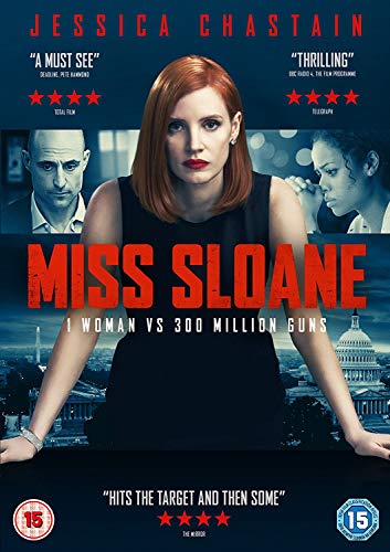 “Miss Sloane” DVD cover featuring Jessica Chastain and supporting cast.
