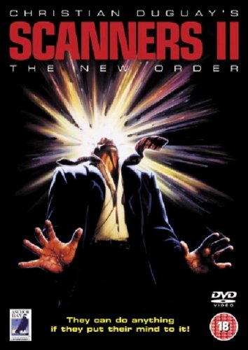 Scanners II DVD cover: exploding head, man in suit, dark background.