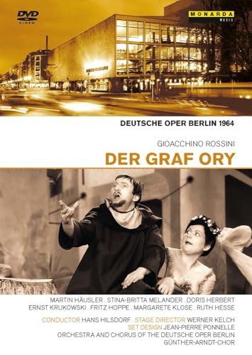 DVD cover for "Der Graf Ory" opera, featuring a singer and theater.