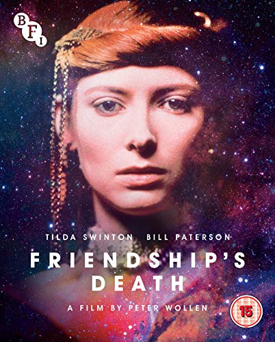 Blu-ray cover for "Friendship's Death" featuring Tilda Swinton’s portrait in space.