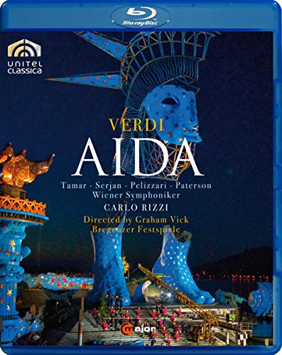 Blu-ray cover for Verdi’s Aida, featuring a large blue stage set.