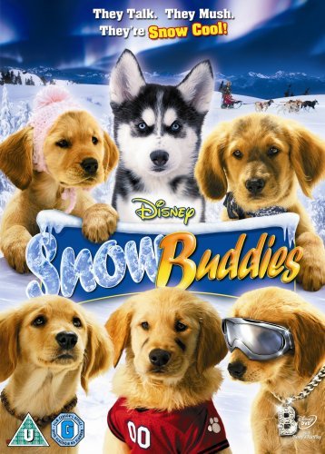 DVD cover featuring five golden retriever and husky puppies in snow.