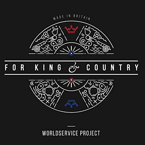 Black background with white line art depicting “For King & Country” and symbols.