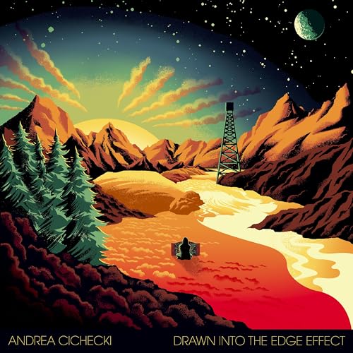 Record cover: mountains, tower, and figure under a starry, colorful sky.