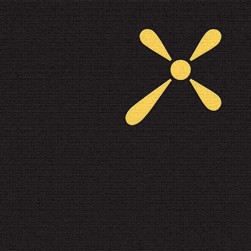 Black textured background with a central yellow four-pointed starburst symbol.