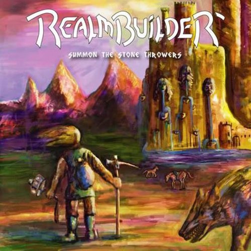 Fantasy album cover: mountains, a figure, and stone structures.