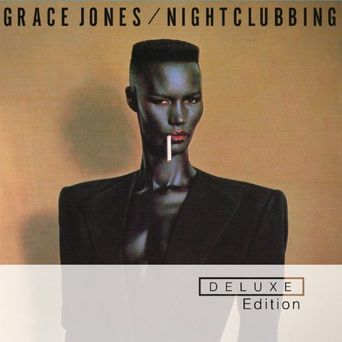 Grace Jones with a flat-top haircut and cigarette on the Nightclubbing album cover.