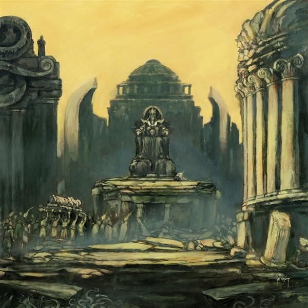 Painting of a king on a throne amidst ruined architecture and a crowd.