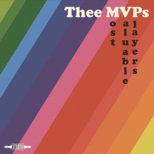 CD cover for Thee MVPs with rainbow stripes and vertical text.