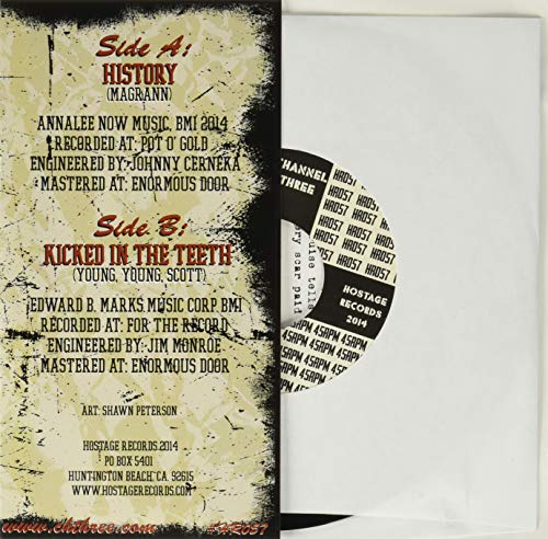 Vinyl record jacket with white background, black text, and distressed texture.