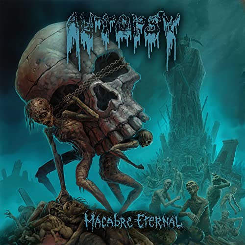 Album cover: skull, decaying figures, and graveyard in teal tones.