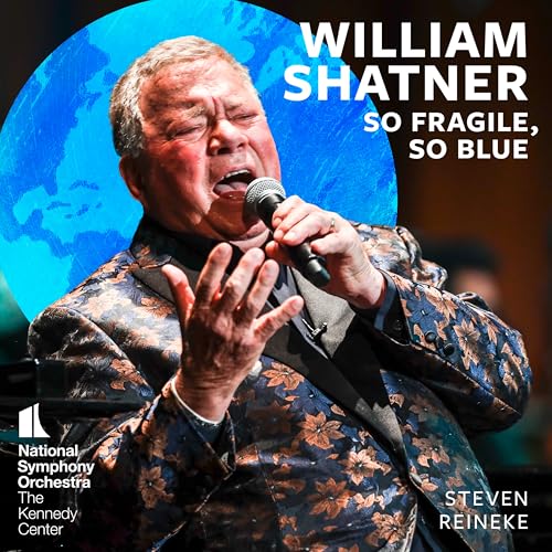 William Shatner singing into a microphone with a blue Earth background.
