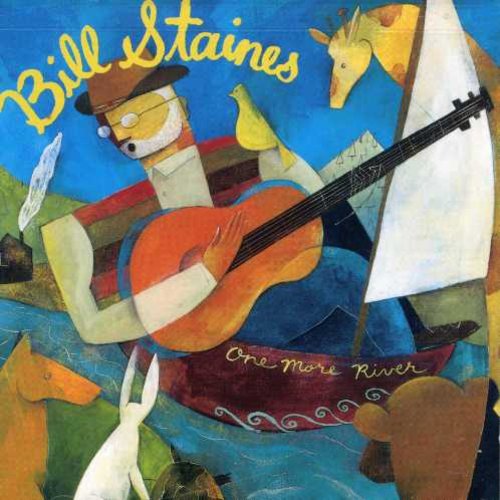 Folk art painting of Bill Staines playing guitar in a boat with various animals.