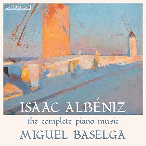 CD cover depicting a Spanish landscape with windmills and text: Isaac Albéniz.