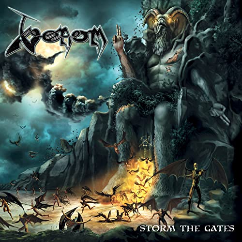 Venom album cover: demonic figure seated amidst chaos and battle.