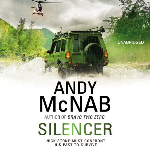 Audiobook cover: green vehicle in water, helicopter overhead, mountainous background.