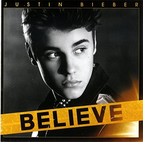 Black and white portrait of Justin Bieber with the word BELIEVE on a yellow banner.