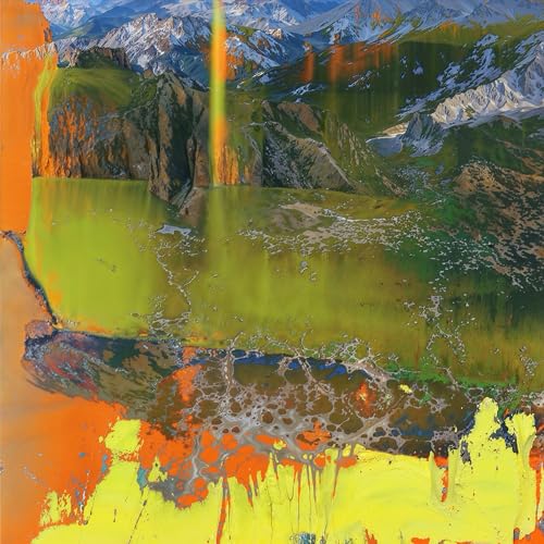 Mountains and abstract yellow and orange paint strokes on album cover.