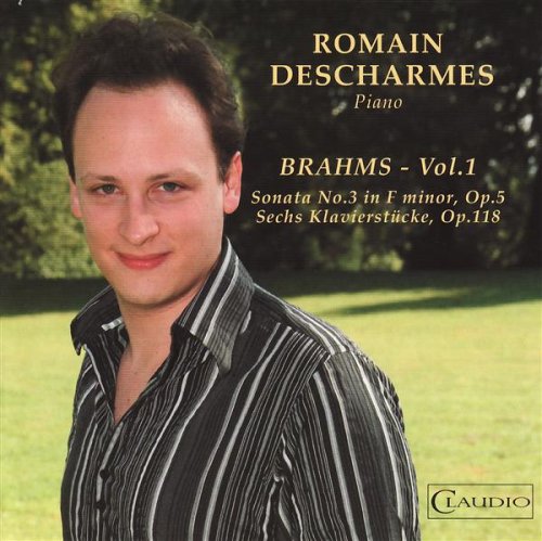 CD cover featuring pianist Romain Descharmes and text “Brahms - Vol.1”.