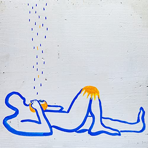 Blue and orange abstract illustration of a reclining figure.