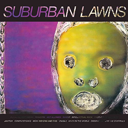 Album cover for Suburban Lawns featuring abstract yellow face with dark eyes.
