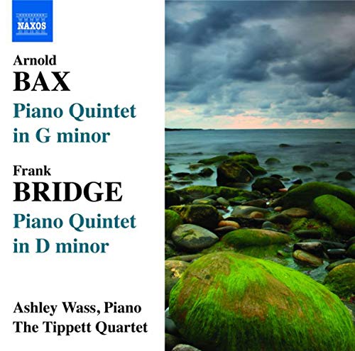 CD cover for Bax/Bridge piano quintets with a seascape background.
