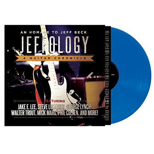 Vinyl record cover for "Jeffology," a tribute to Jeff Beck, with blue vinyl.