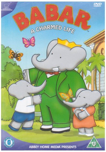 Babar and baby elephants in front of a building, DVD cover.