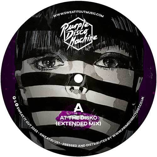 Purple Disco Machine vinyl record with black and white illustrated face.