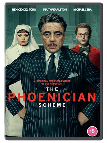 DVD cover for "The Phoenician Scheme" featuring Benicio del Toro, Mia Threapleton, and Michael Cera.