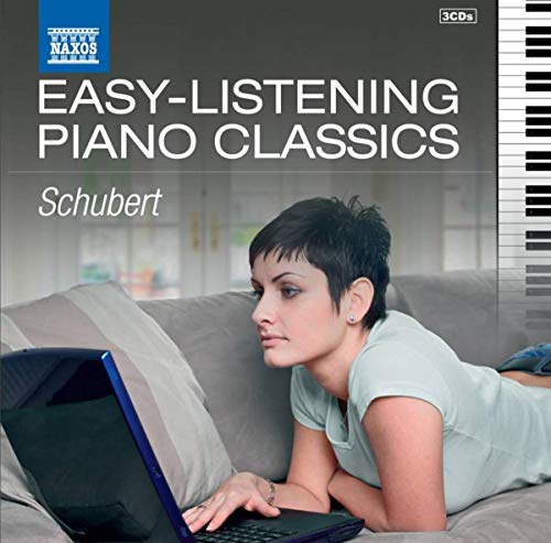 CD cover: woman with laptop, piano keys, text “Schubert: Easy Listening.”