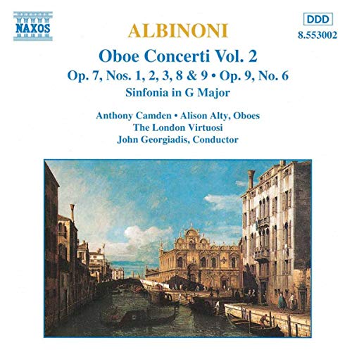 CD cover for Albinoni’s Oboe Concertos, Vol. 2, featuring a canal scene.