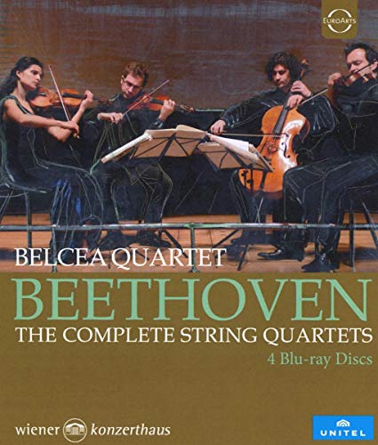 Belcea Quartet performing with string instruments, Beethoven Blu-ray cover art.