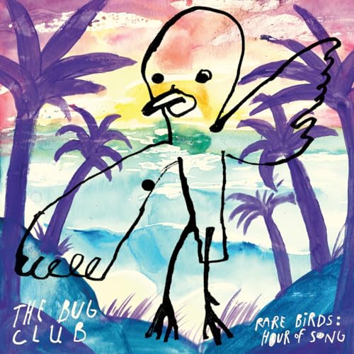 Watercolor illustration of a bird with palm trees, album cover art.