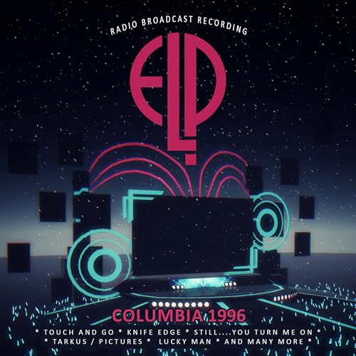 ELP CD cover: abstract neon design with band initials and studio equipment.