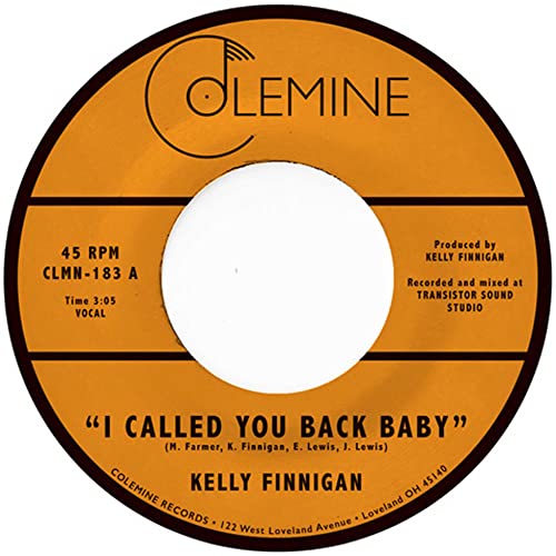Orange and black vinyl record label with text: "Kelly Finnegan - I Called You Back Baby".
