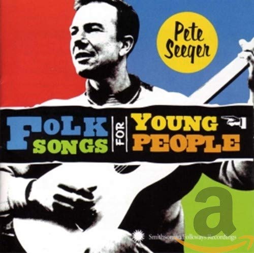 Pete Seeger album cover featuring a portrait and banjo, colorful text.
