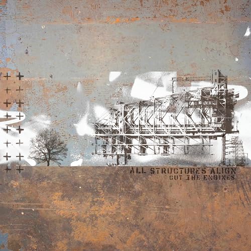 Album cover with industrial scaffolding, a bare tree, and textured background.